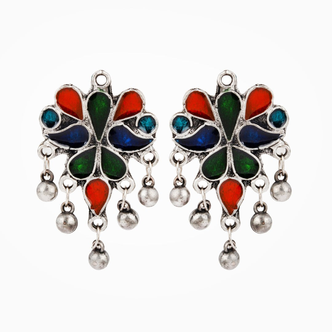 Silver Oxydised finish Pendant necklace set with colourful Meenakari