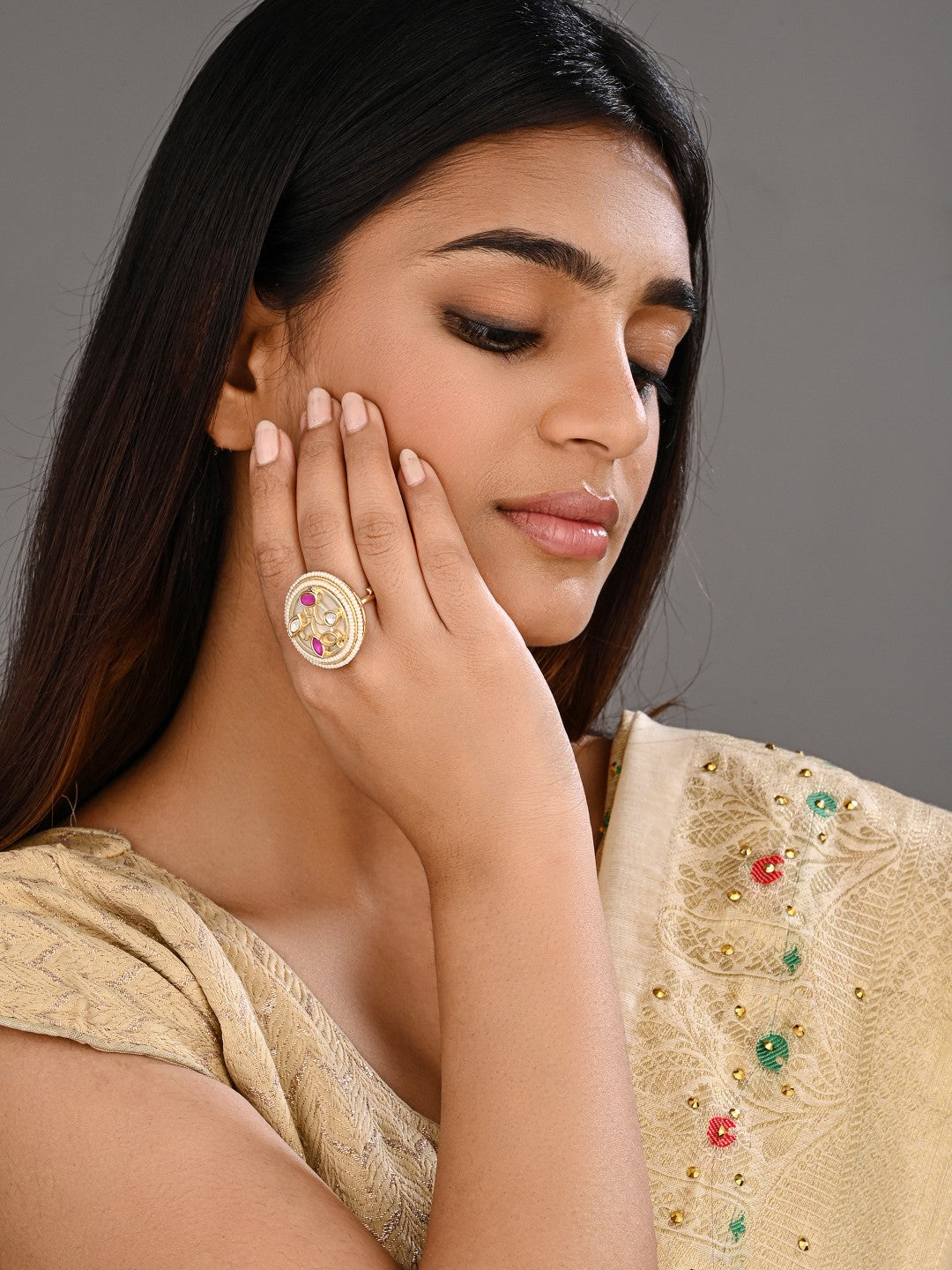 Ruby Branch Kundan Pearl Ring