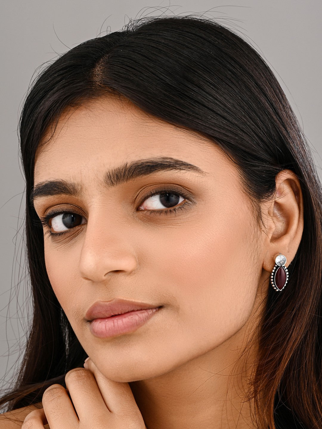 Silver-Tone Maroon Stone Statement Earring