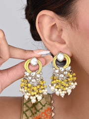Gold-Plated Meenakari Stud Earrings with Kundan & Pearl Cluster drops - yellow