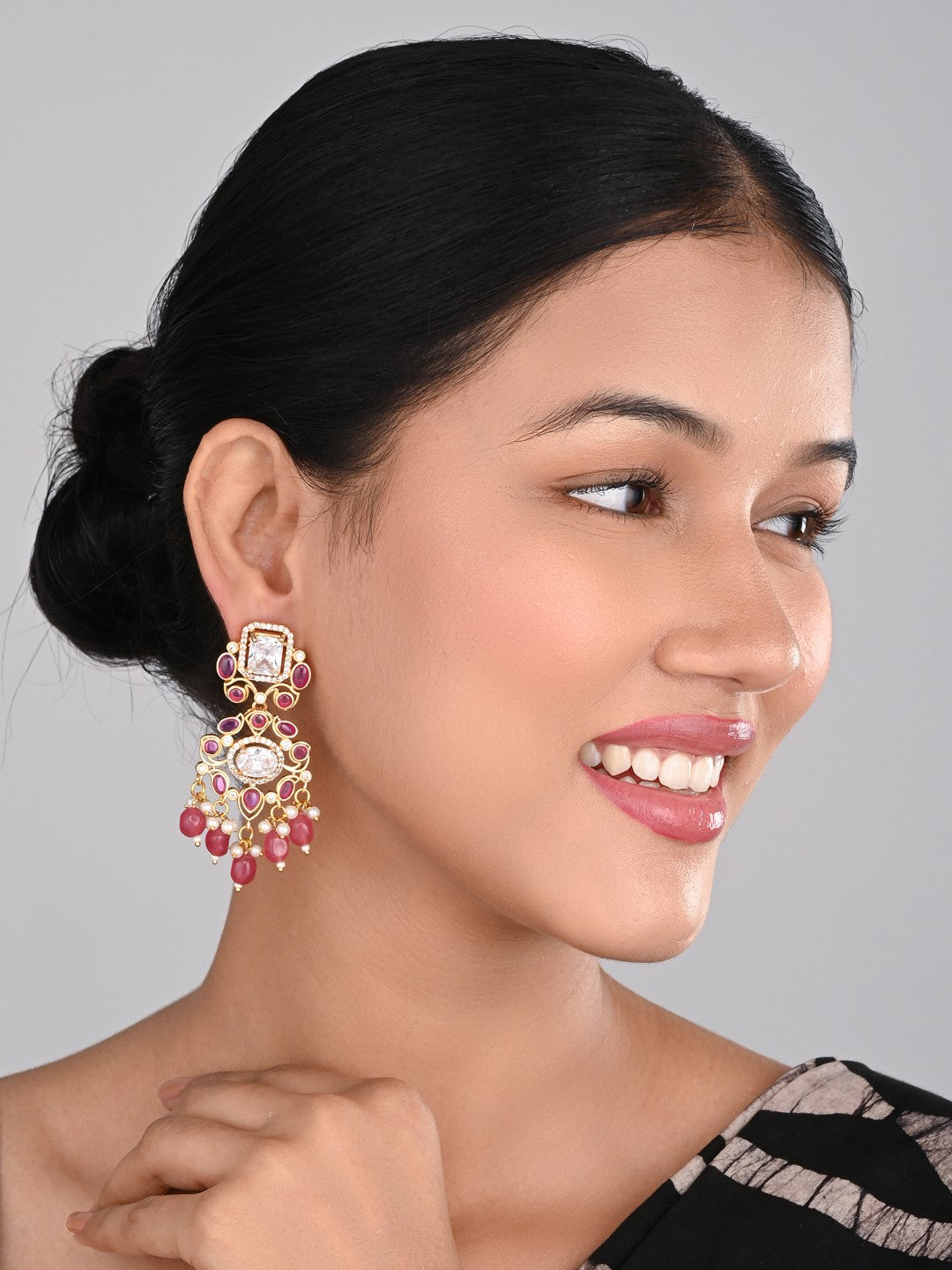 Gold plated Kundan & AD stone chandbali bali - Red
