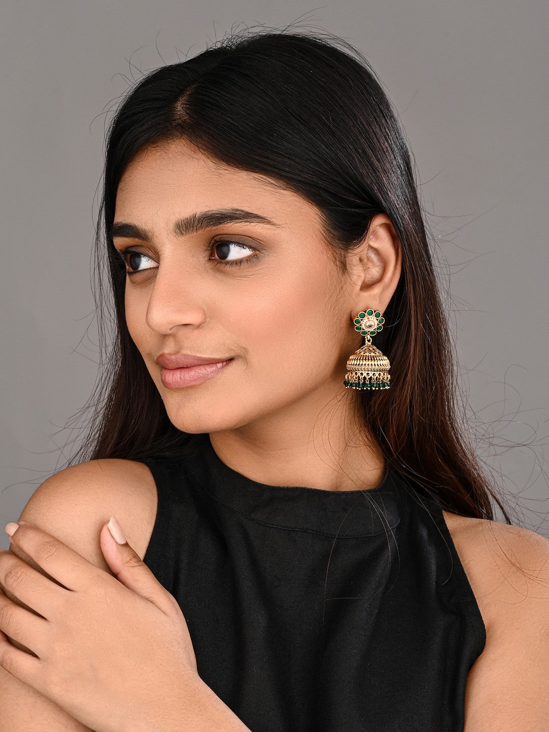 Emerald Bloom Copper Jhumka Earrings