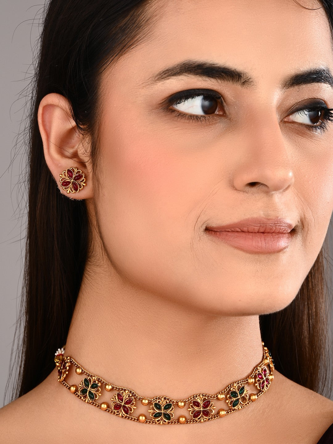 Gold plated floral Necklace set - Multi
