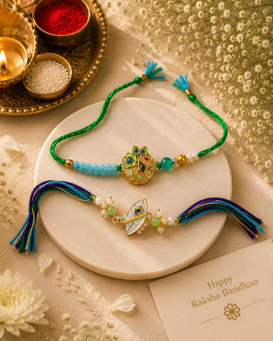 Peacock Charm & Flute Feather Rakhi Set
