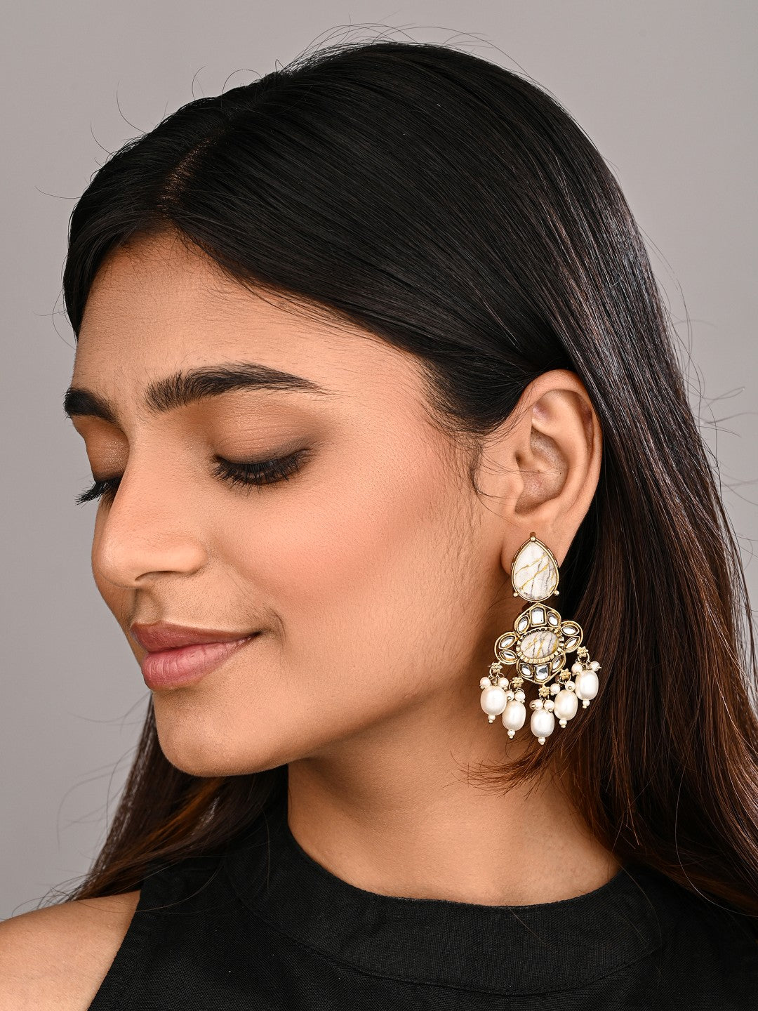 Gold-Plated White Kundan Chandelier Earrings with Bead Drops