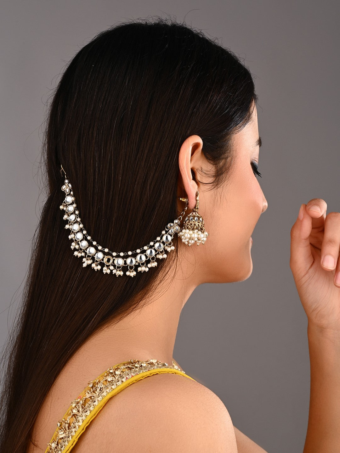 Kundan & Beads double layered ear chains