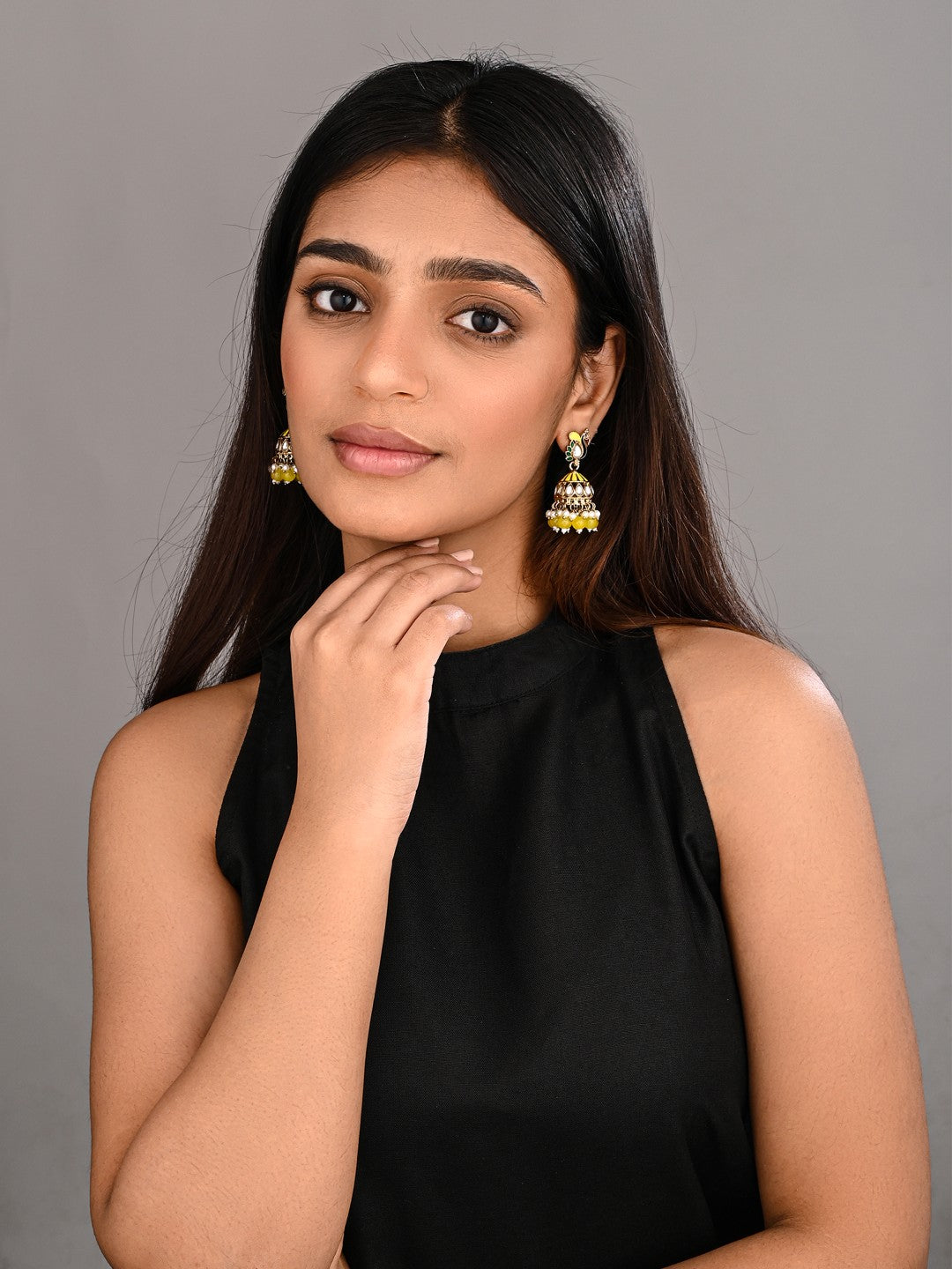 Peacock-inspired jhumka earrings- Yellow