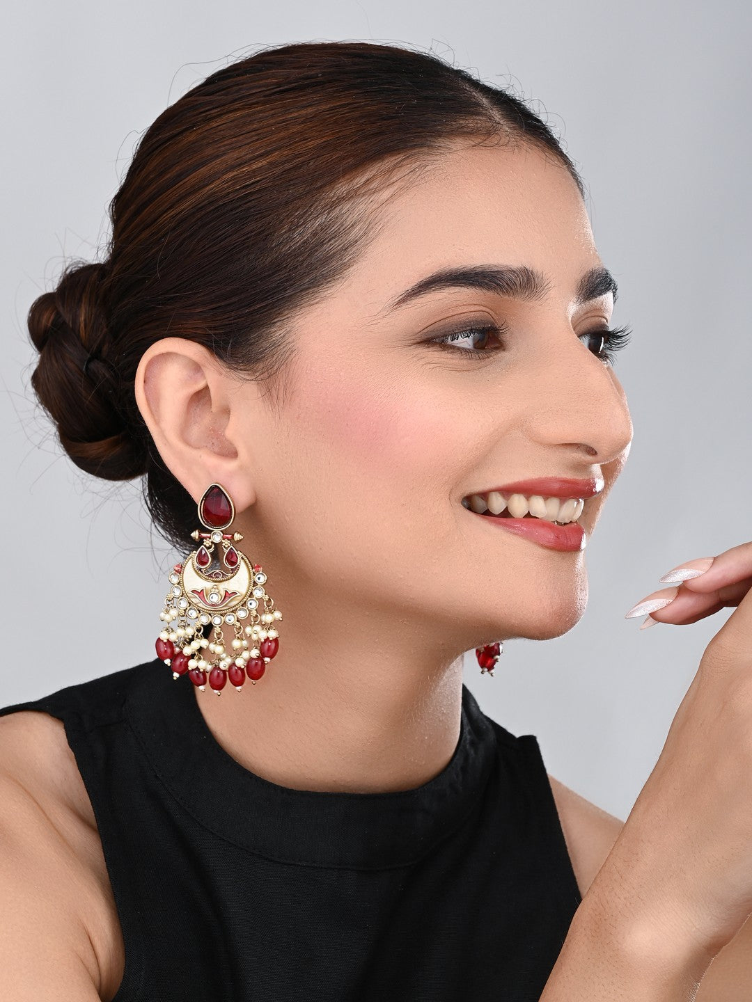 Gold-Plated Meenakari Chandbali Earrings with Kundan & Pearl Drops - Red