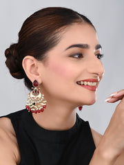 Gold-Plated Meenakari Chandbali Earrings with Kundan & Pearl Drops - Red
