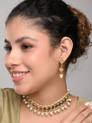 Elegant Green & White Kundan Necklace Set