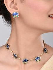 Gold Plated Delicate Lotus Necklace Set - Blue