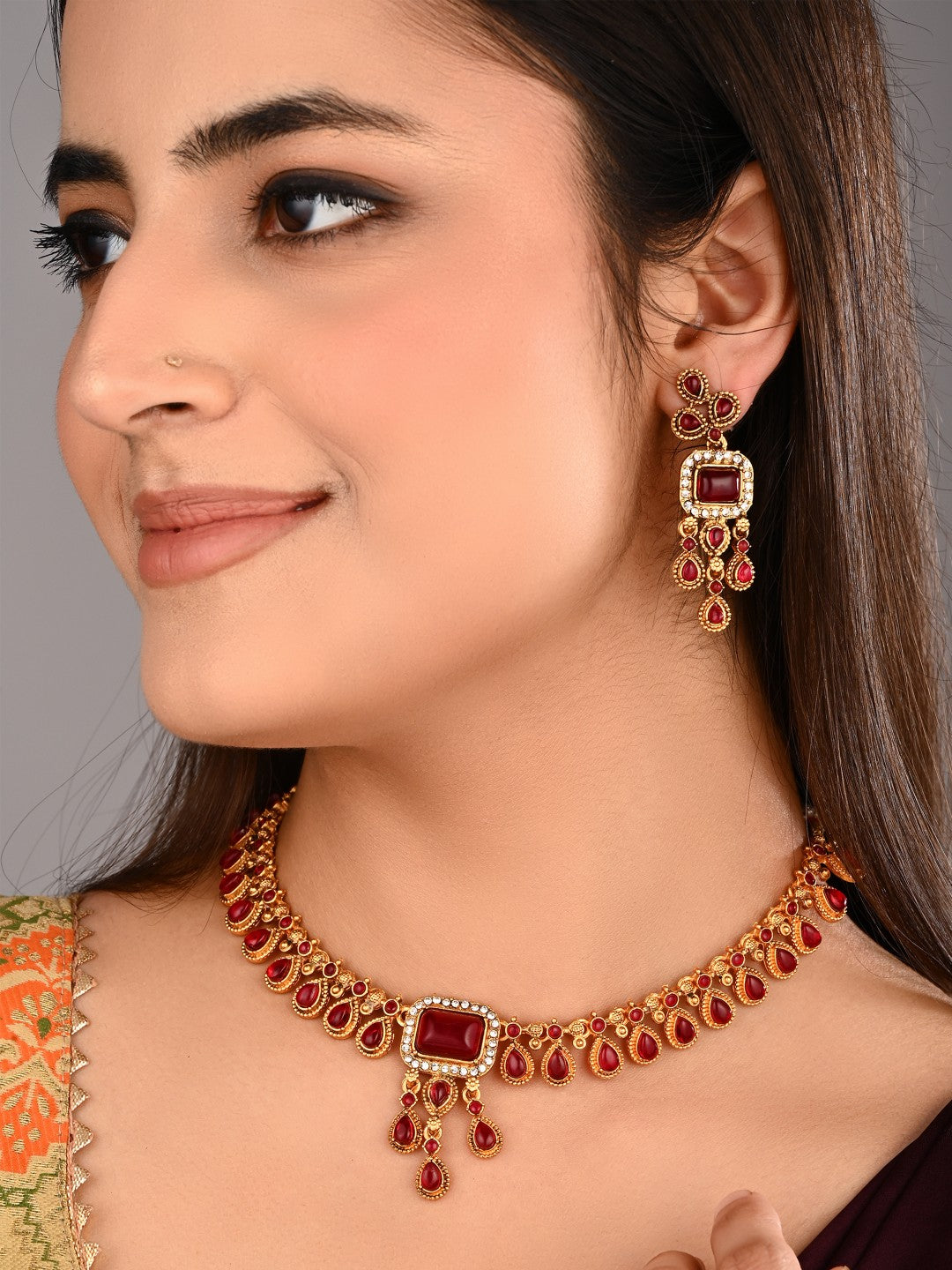 Ruby Red stone Necklace and Earrings Set