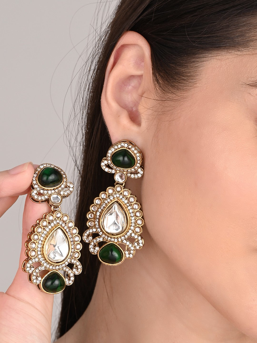 Gold plated kundan Pear shaped Drop Earrings Green