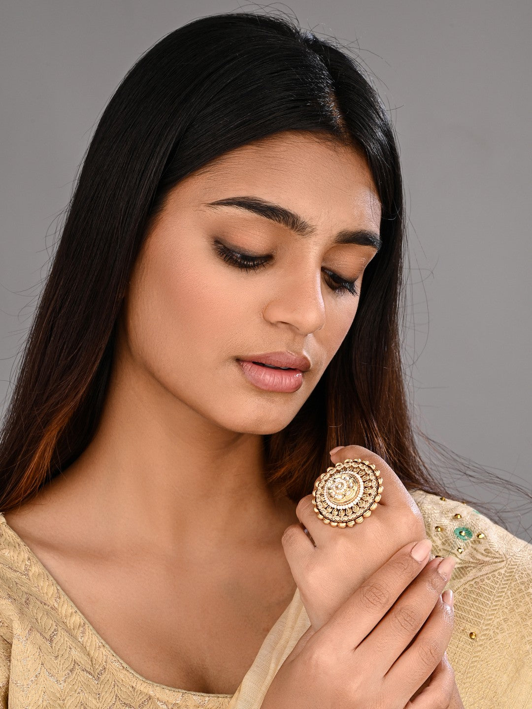 Gold Plated Kundan & meenakari ring