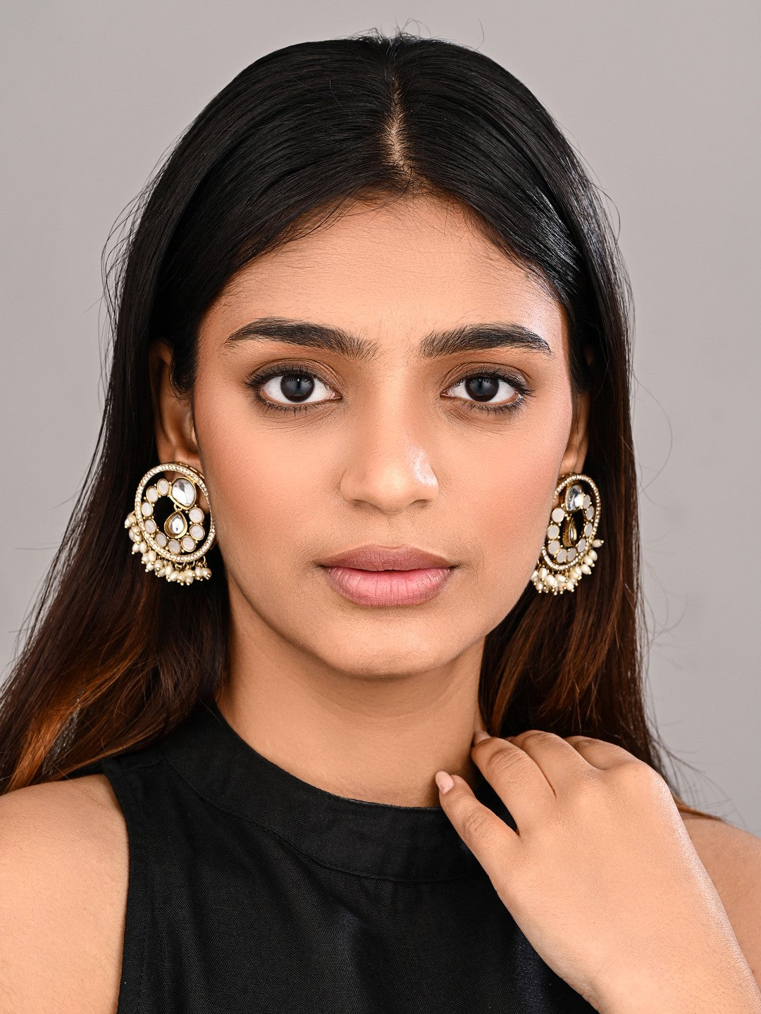 Regal Kundan Pearl Chandbali Earrings - White