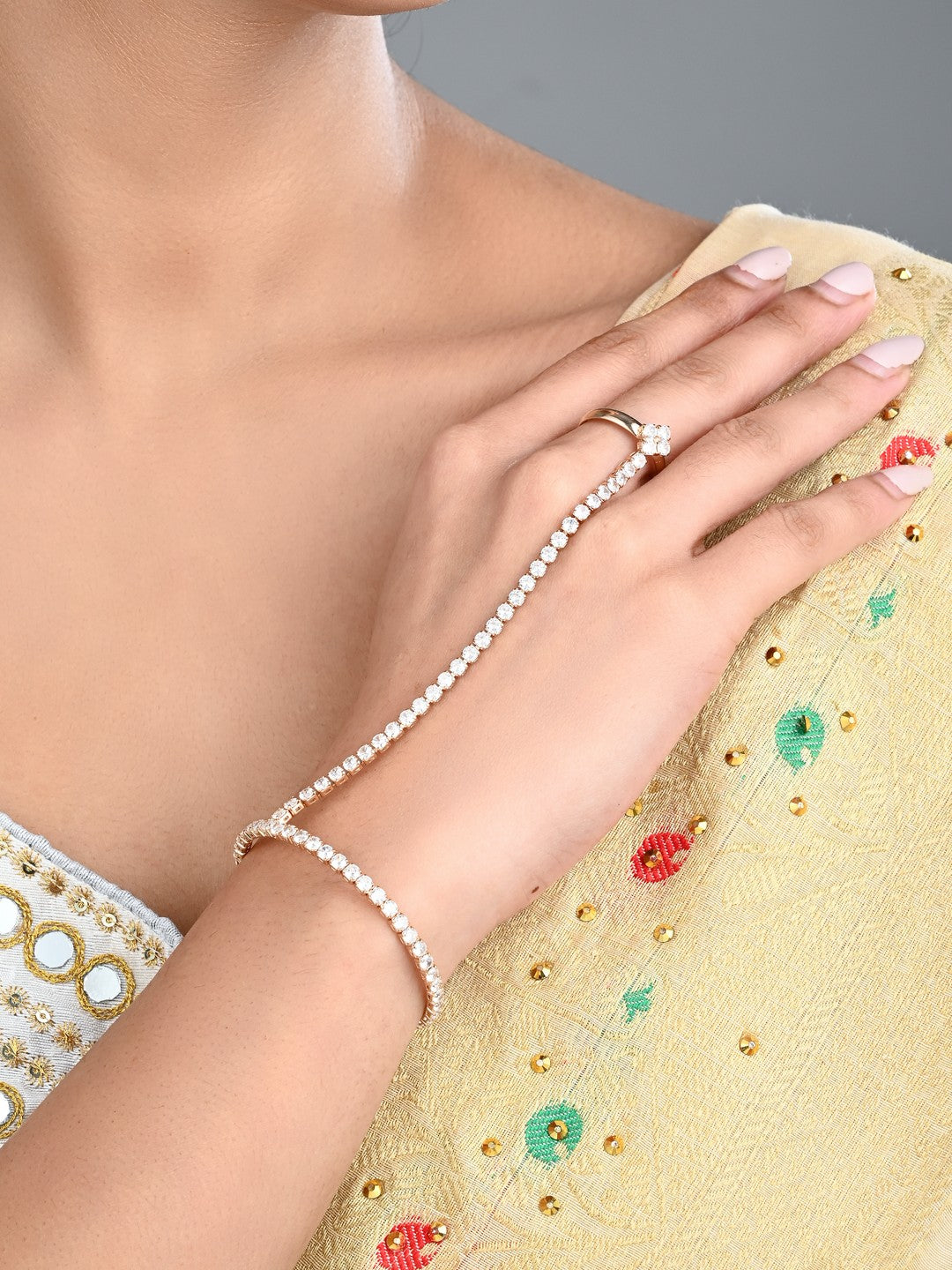 Elegant Gold-Tone CZ Tennis Bangle Bracelet with Ring