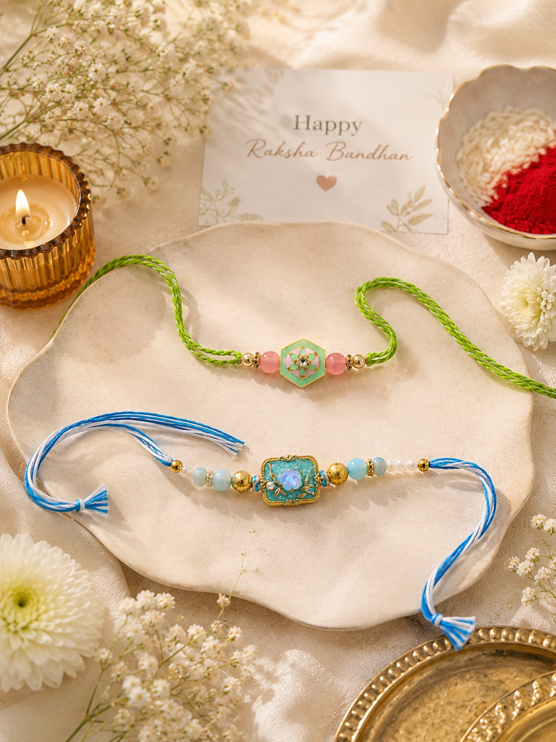 Pastel Bloom Rakhi Set of 2 – Handcrafted Floral Designer Rakhis