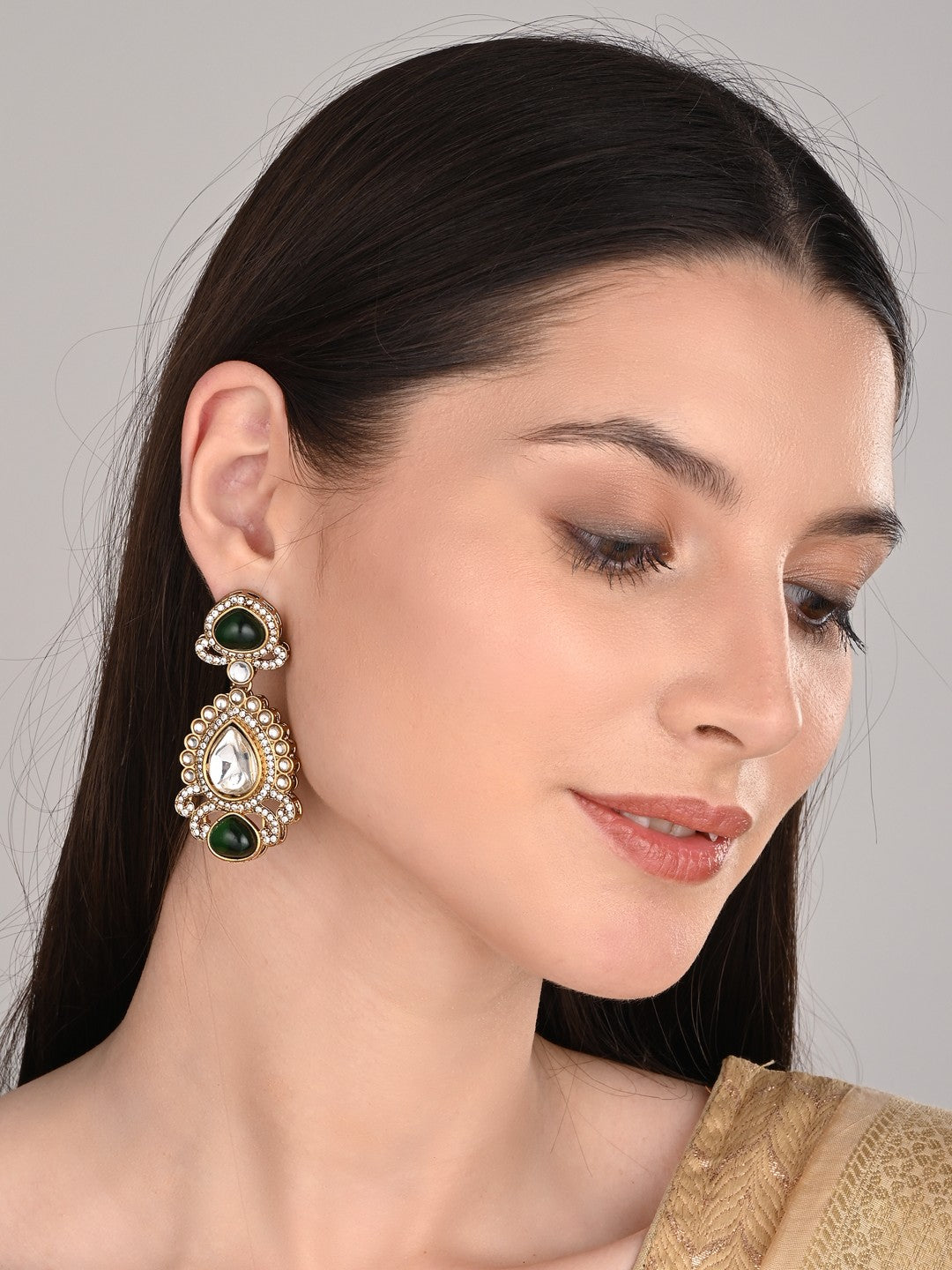 Gold plated kundan Drop Earrings Green