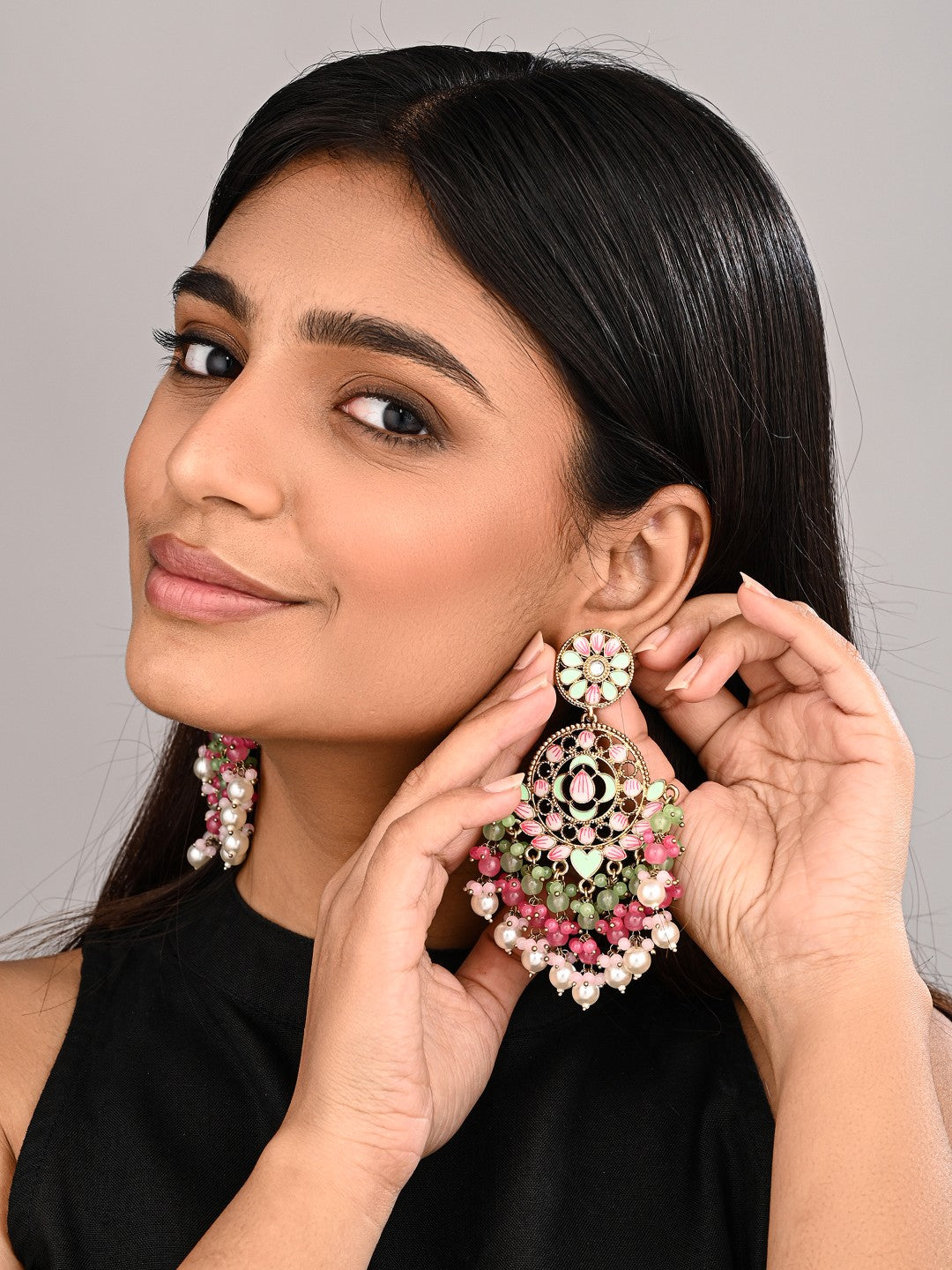 Vibrant Pink & Blue Chandelier Pearl Drop Earring