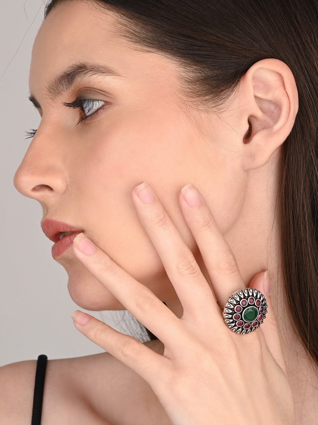 Red & green stone circular adjustable ring