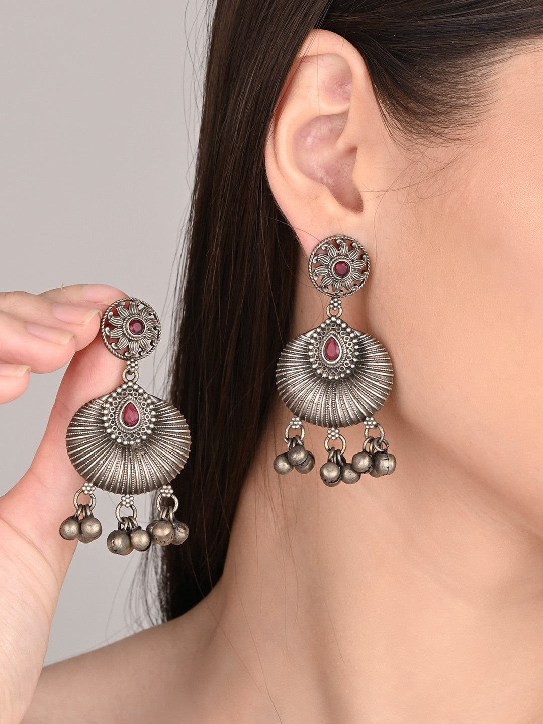 Silver oxidised finish chandbali Red