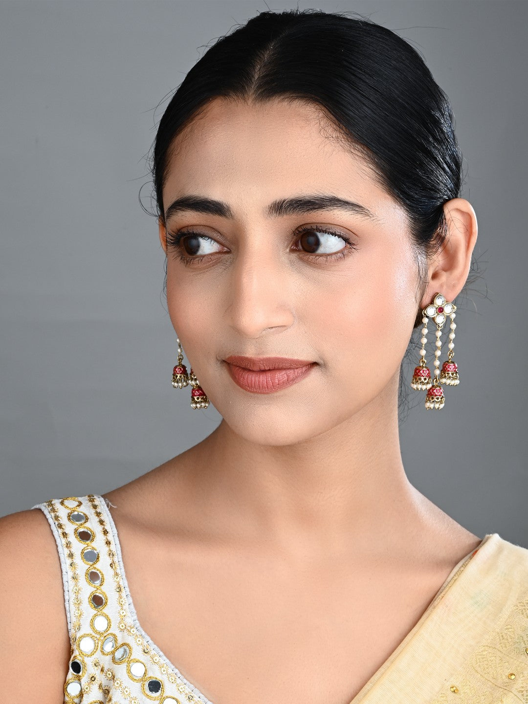 Kundan Pearl Tassel Statement Earrings - Red