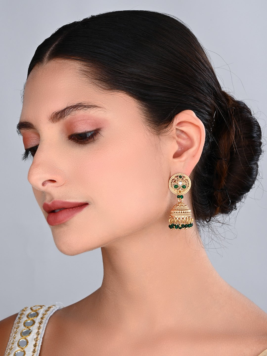 Green Stone Gold-Toned Jhumka Earrings