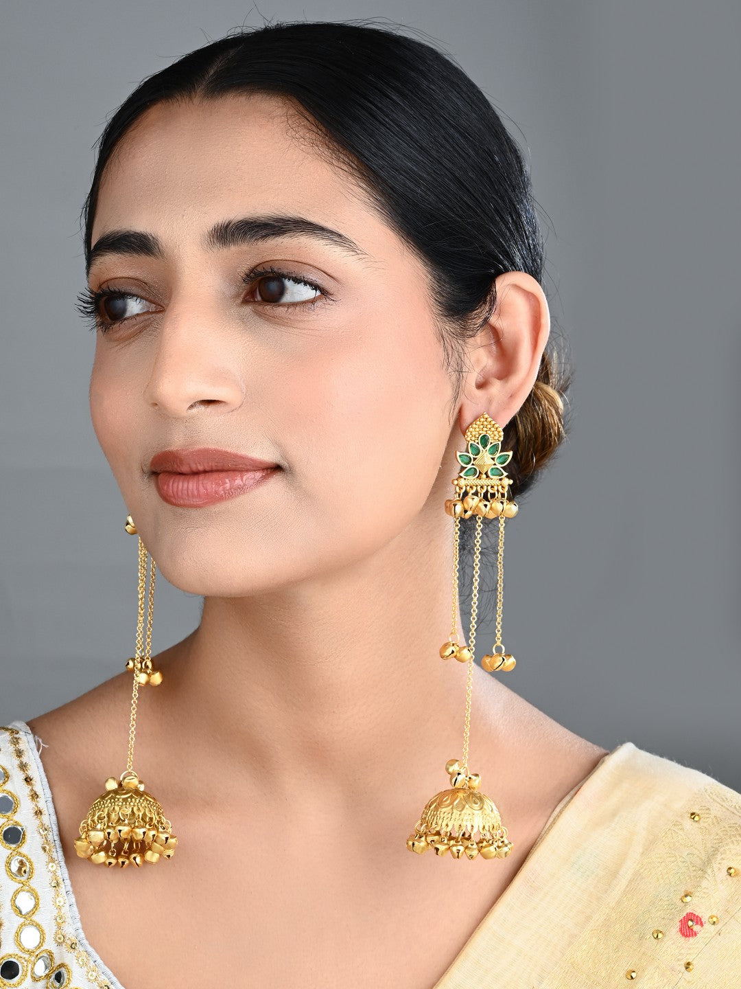 Floral Jhumka Earrings with Ghungroo Chain Tassels green