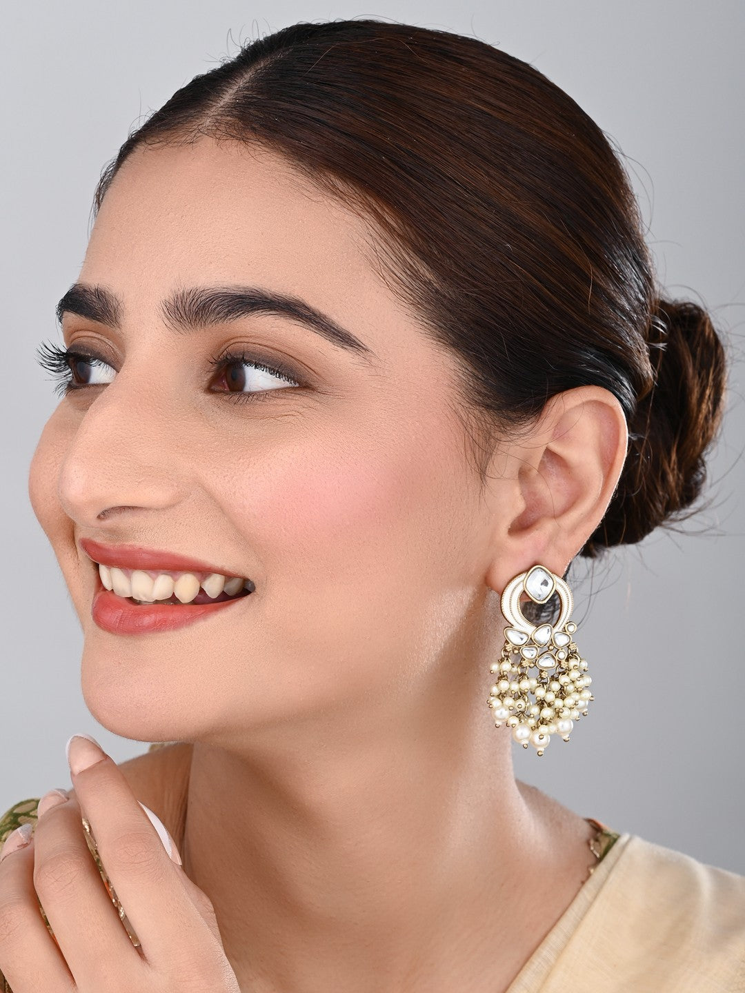 Gold-Plated Meenakari Stud Earrings with Kundan & Pearl Cluster drops - White