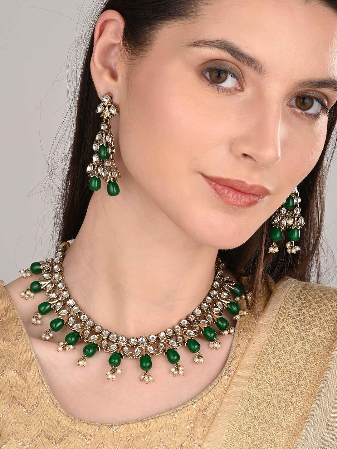 Kundan Necklace set  with Green pearl drops