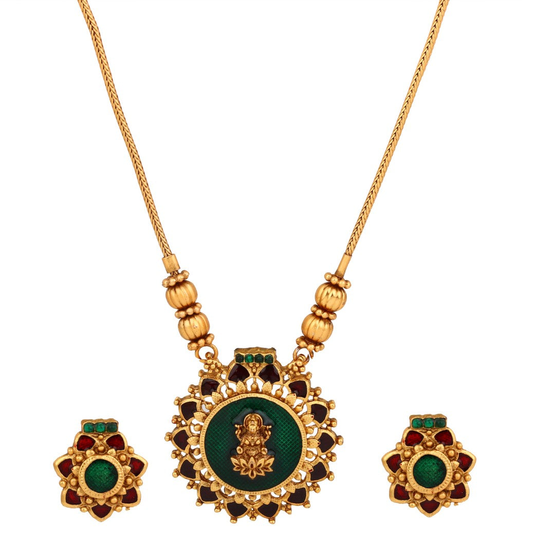 Antique Gold Goddess Motif Temple Necklace Set Green
