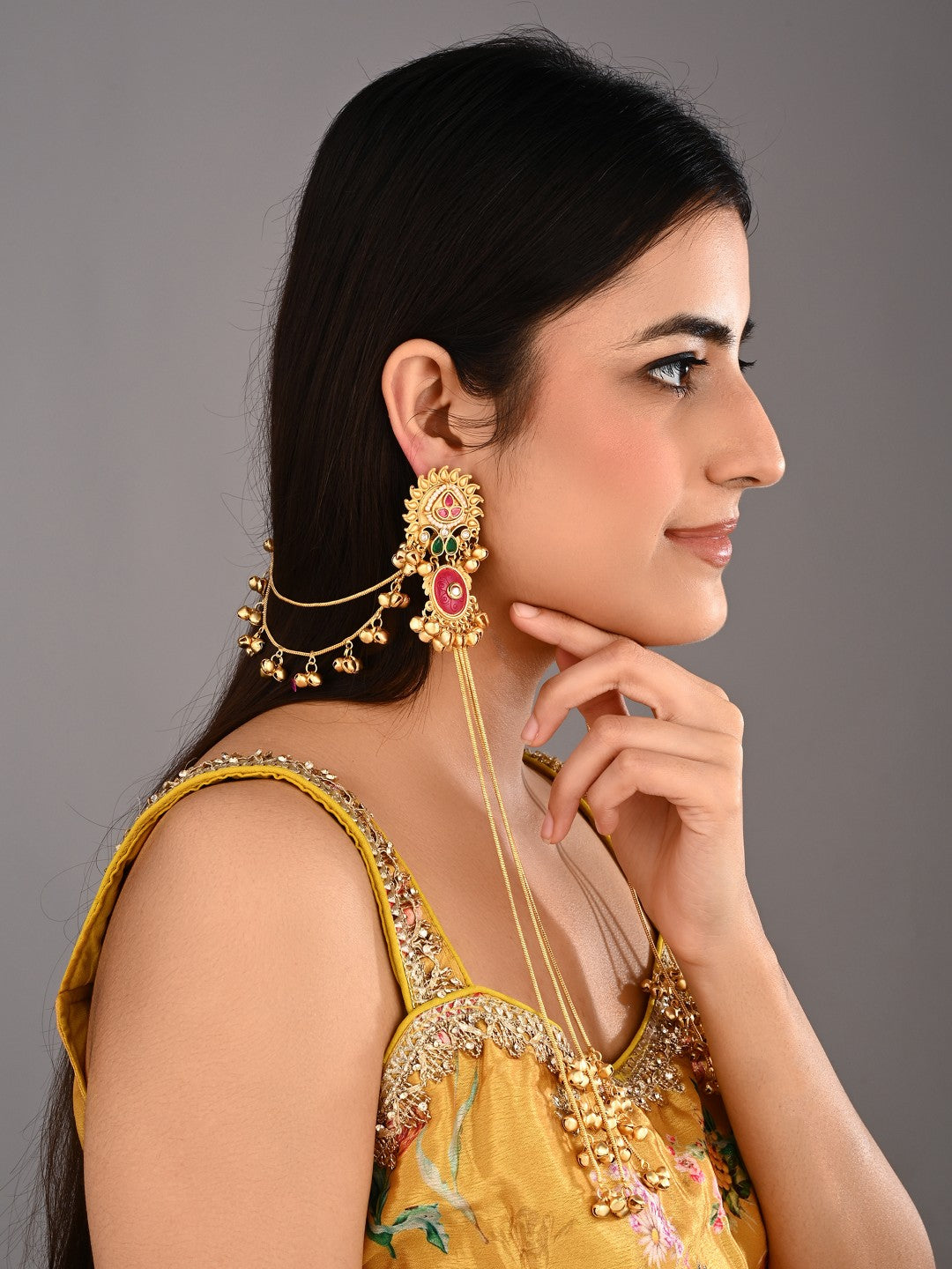 Gold plated, long Kashmiri earring with Ear chains