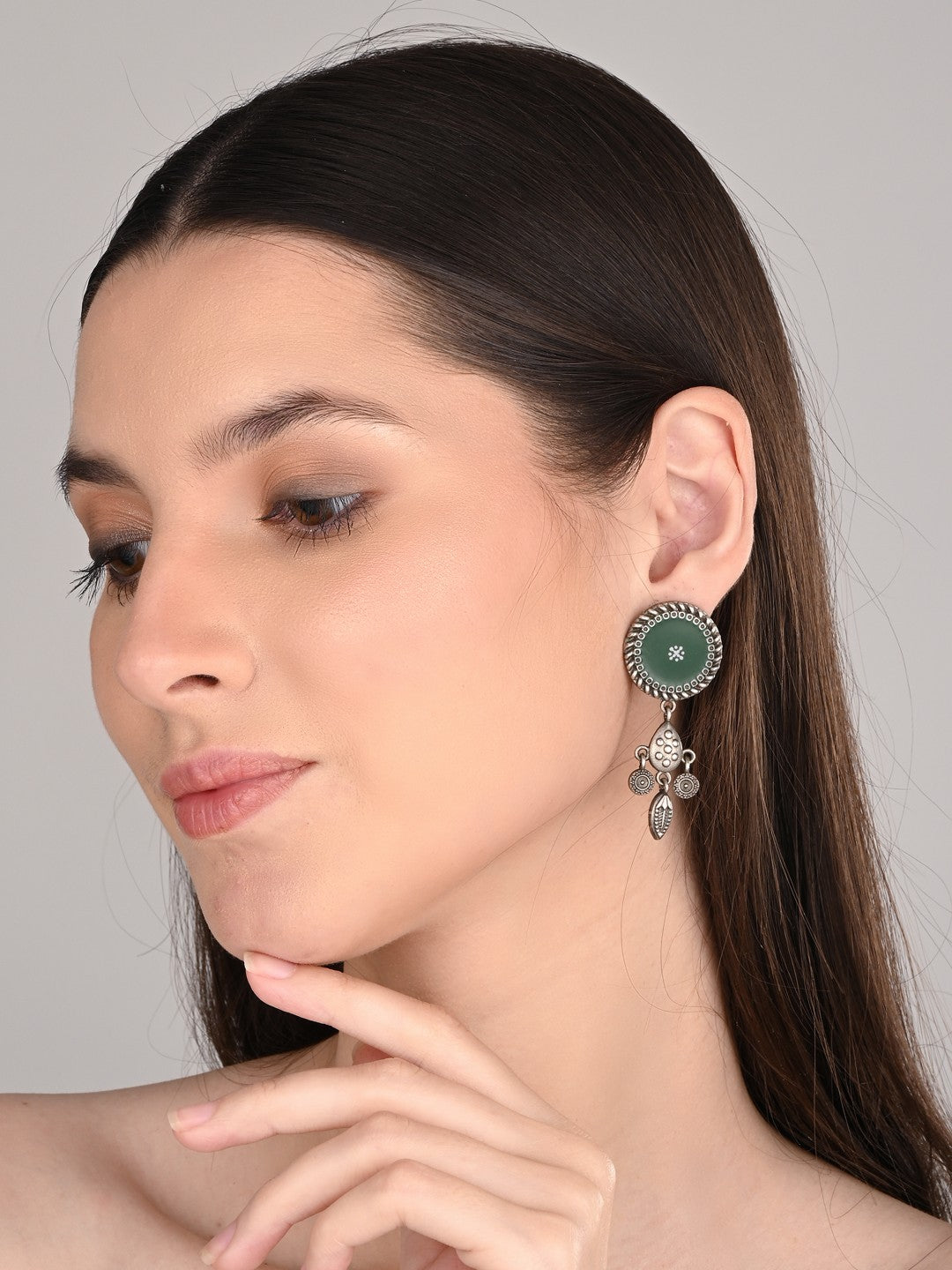 Hand-Painted Circular drop earrings Green