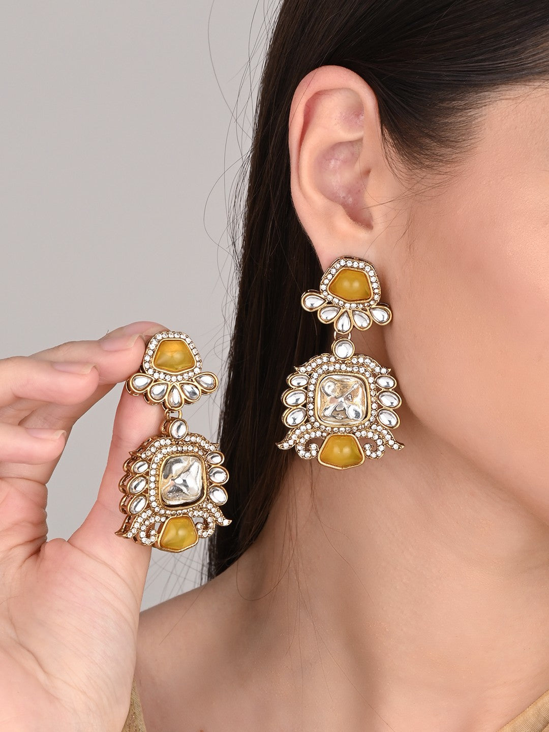 Gold plated kundan Drop Earrings Yellow