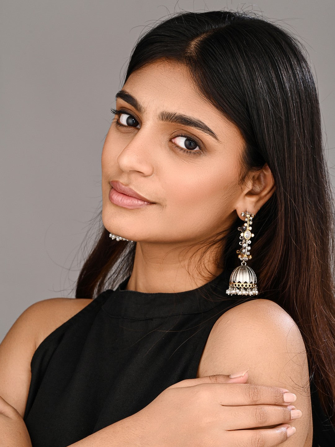 Two-Tone Brass Stone-Studded Jhumka Earrings