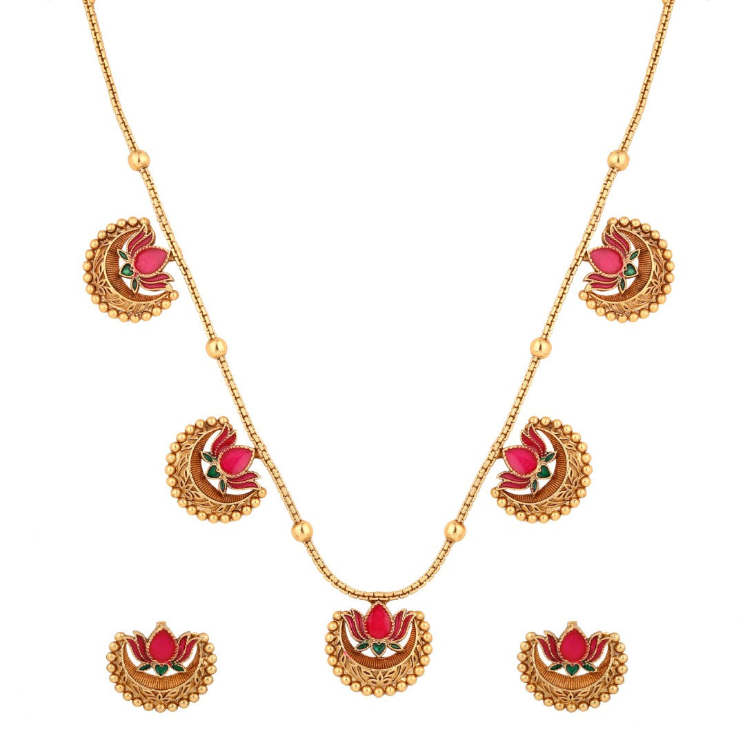Antique Gold-Tone Pink Lotus Necklace Set