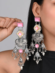 Silver oxydised lightweight long Drop Earring with Pink Stone