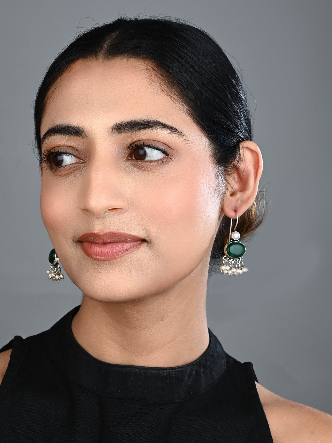 Green Stone Pearl Fringe Drop Earrings