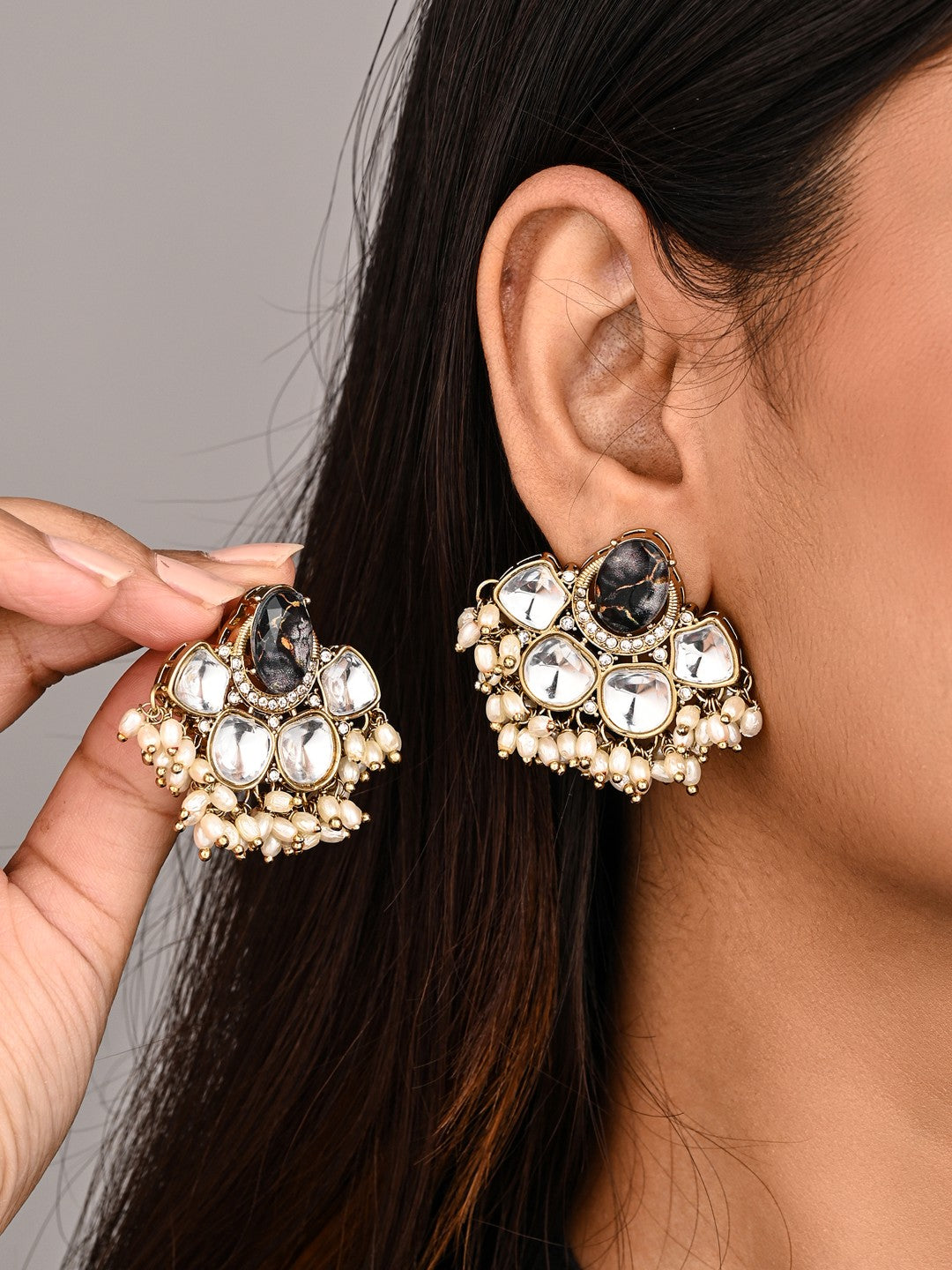 Gold-Plated Black Kundan Half Chandbali Earrings