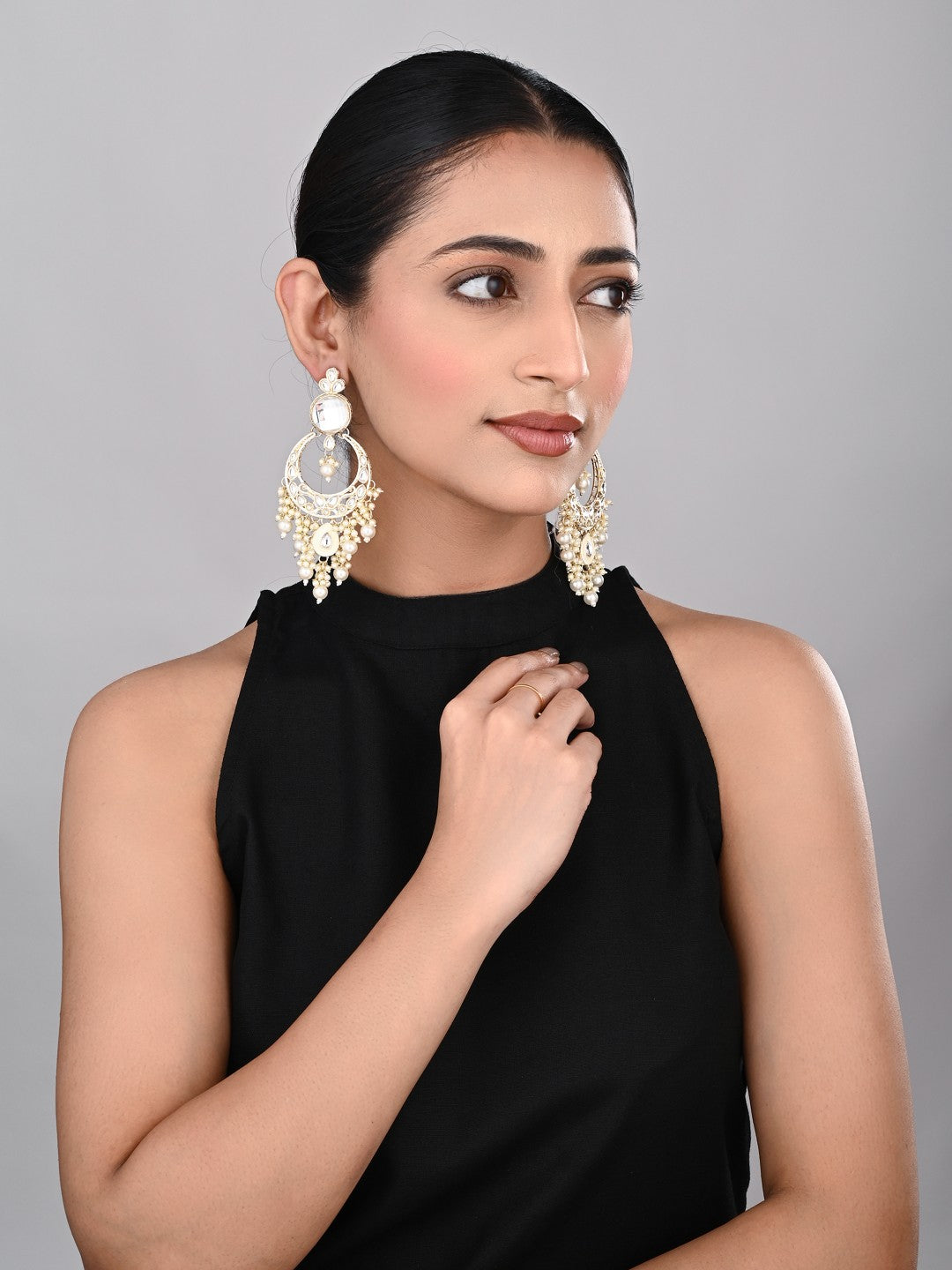 Kundan Pearl Chandbali Earrings Gold