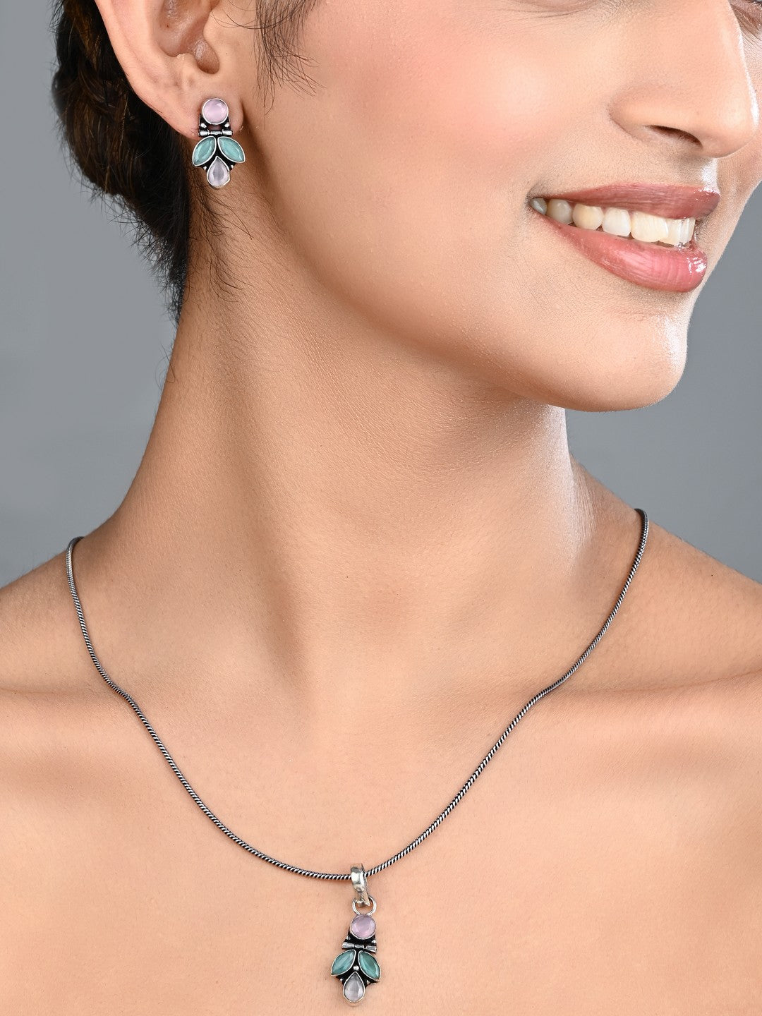 Elegant Crystal Pendant Necklace Set with Matching Drop Earrings - Multi