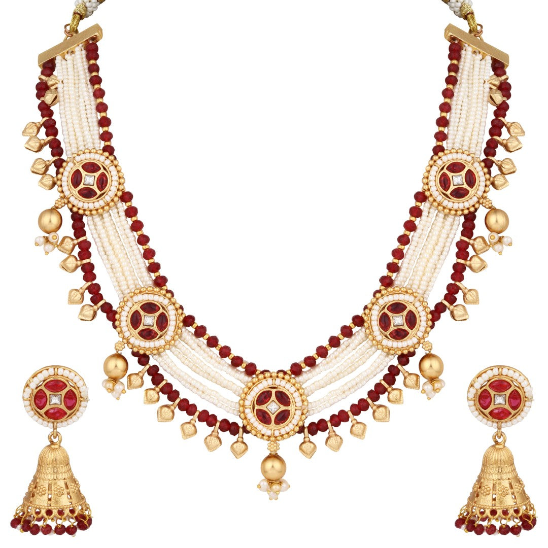 Gold plated, Brass Necklace & Earring Set - Red