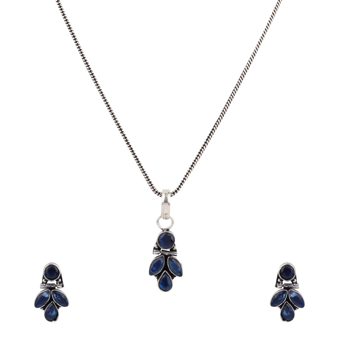 Elegant Crystal Pendant Necklace Set with Matching Drop Earrings - Navy