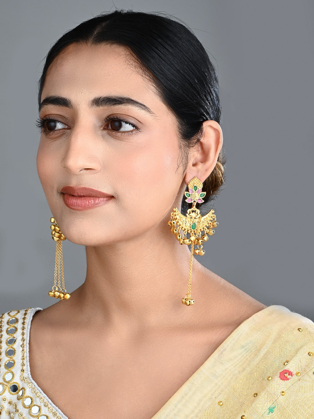 Multicolor Temple Chandbali Earrings with Ghungroo Chain Tassels