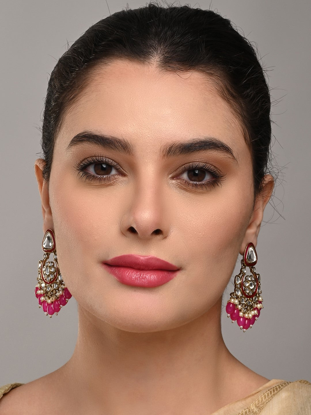 Gold plated kundan & Meenakari Chandbali Earring Pink