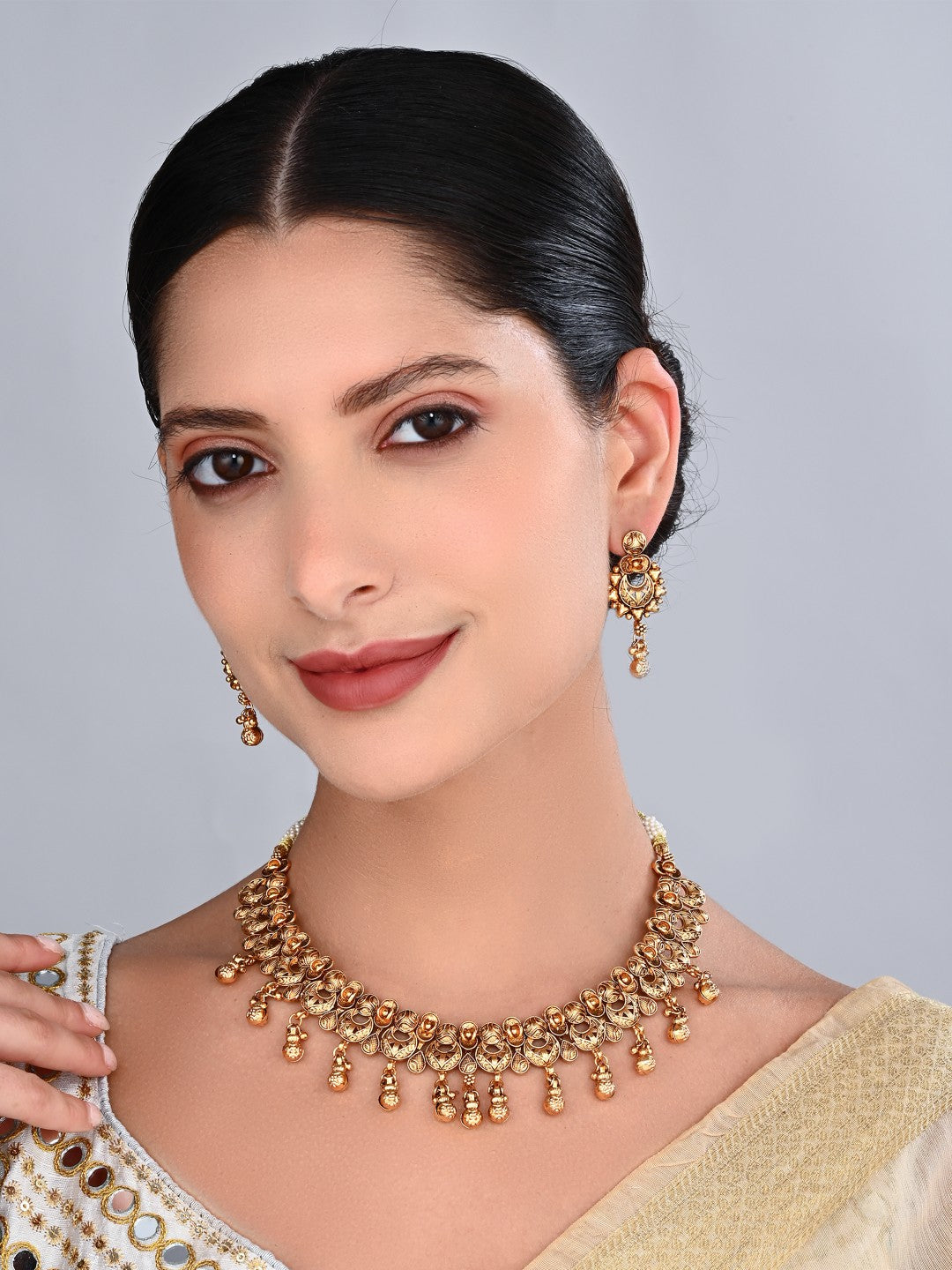 Royal Gold-Tone Pearl Drop Necklace & Earrings Set