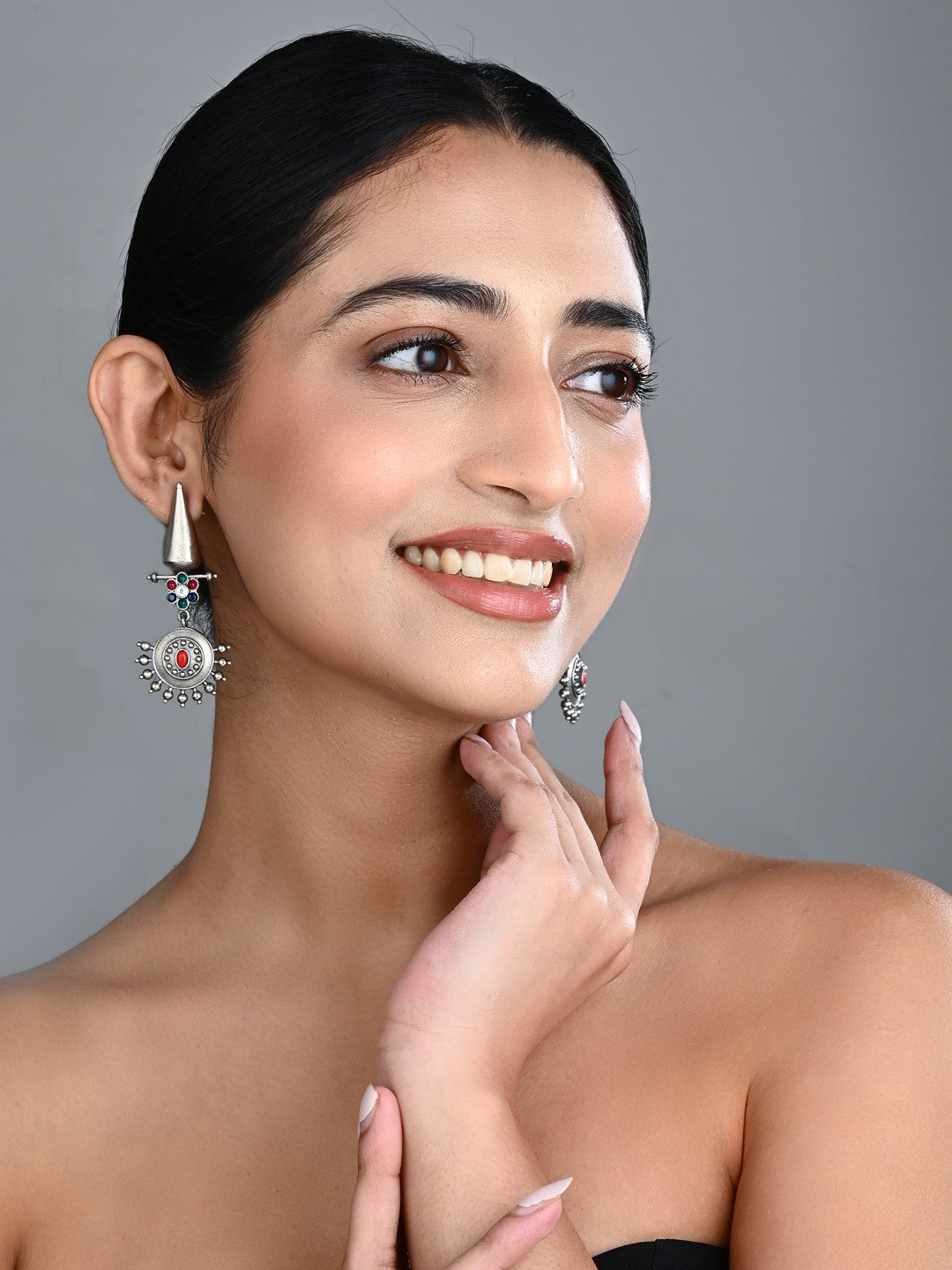 Oxidised Tribal Sun Motif Drop Earrings