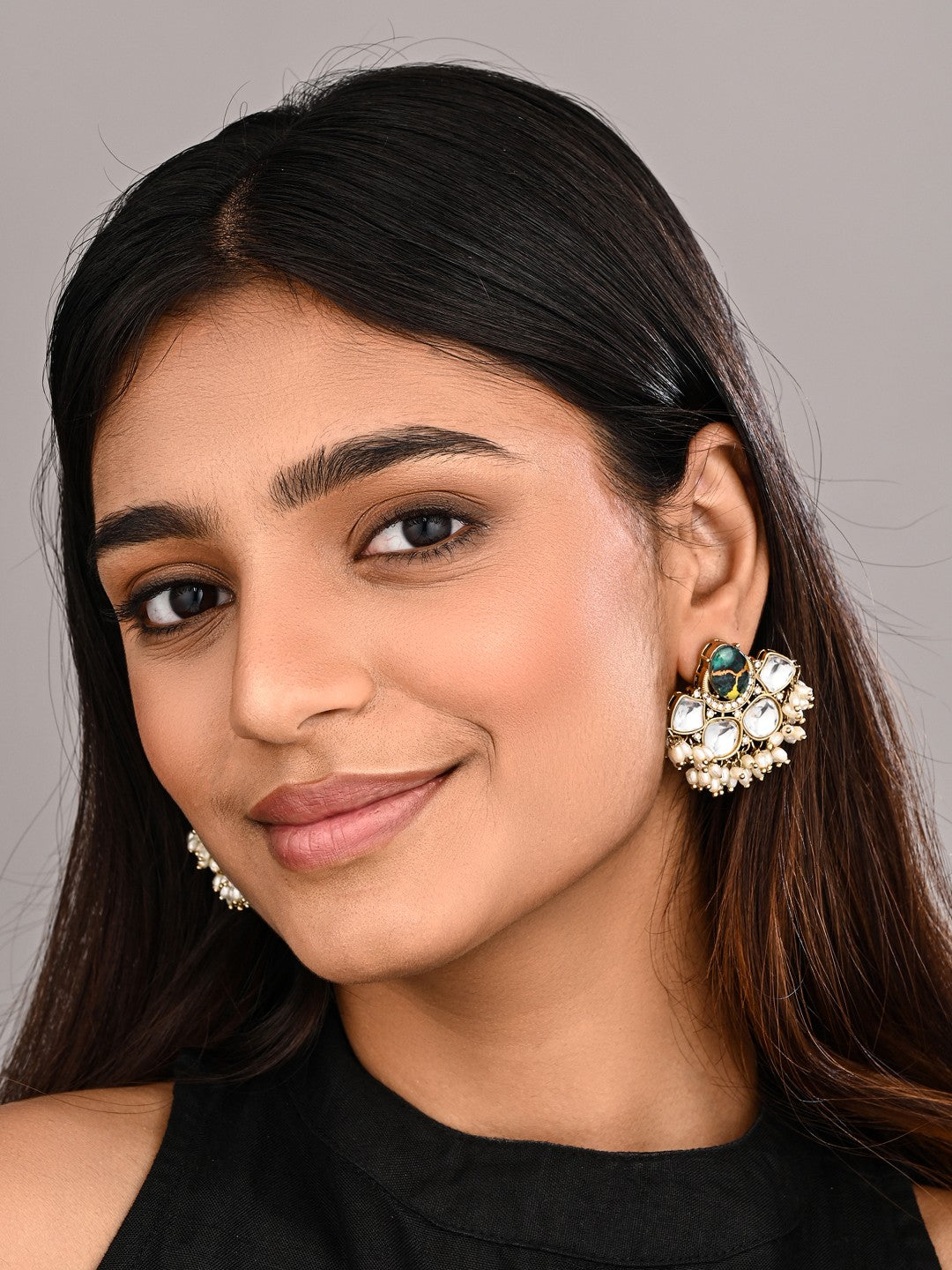 Gold-Plated Green Kundan Half Chandbali Earrings