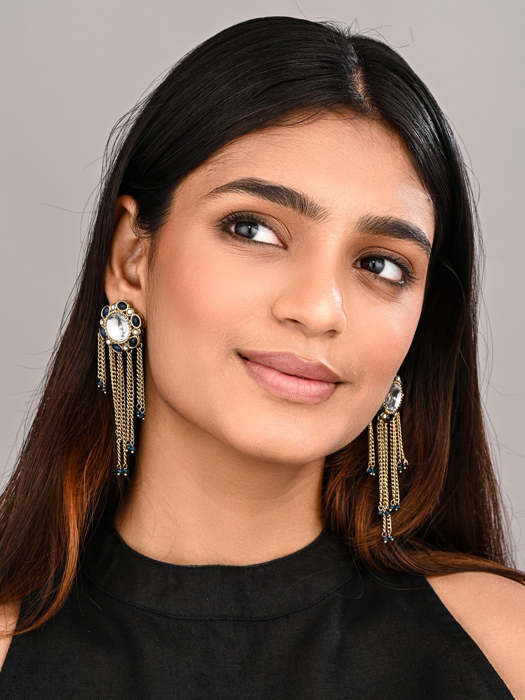 Kundan Tassel Drop Earrings - Blue