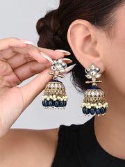 Gold plated Kundan & Meenakari Jhumka Earrings - Blue